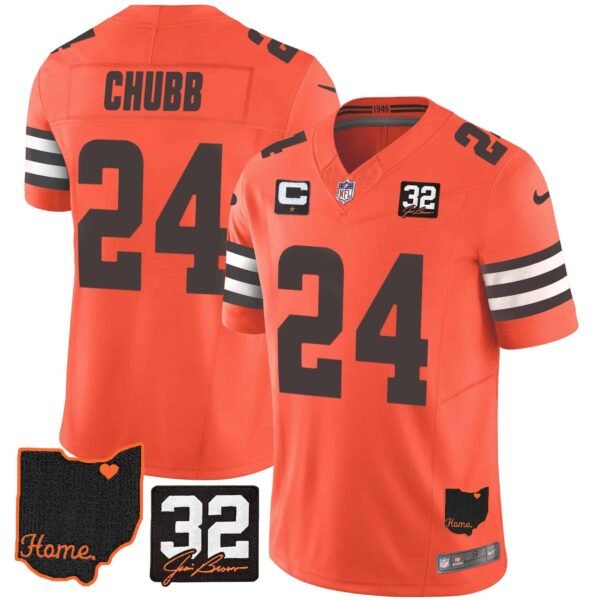 Men’s Browns #32 Jim Brown Memorial & Home Patch Jersey V3 – All Stitched – Orange – Nick Chubb
