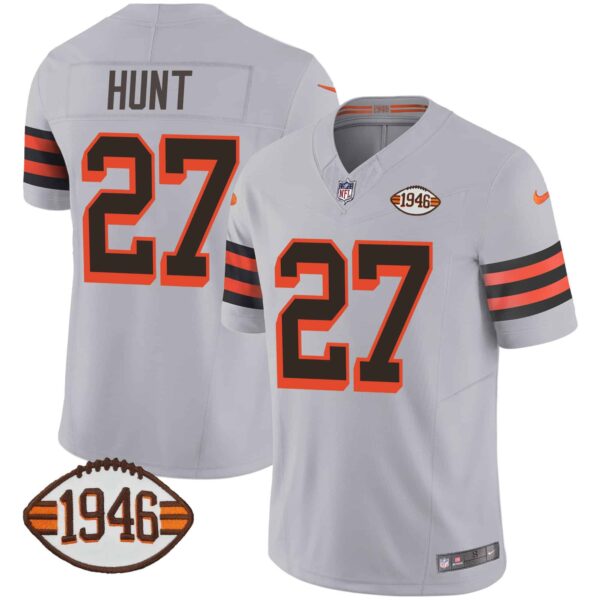 Men’s Browns 1946 75th Anniversary Patch Jersey – All Stitched – Gray – Kareem Hunt