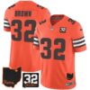 Men’s Browns #32 Jim Brown Memorial & Home Patch Jersey V3 – All Stitched – Orange – Jim Brown