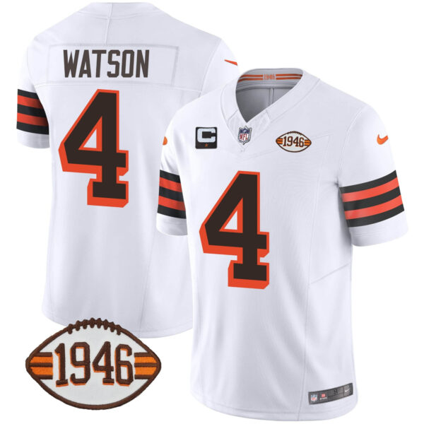 Men’s Browns 1946 75th Anniversary Patch Jersey – All Stitched – 1946 White – Deshaun Watson