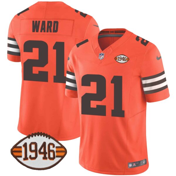 Men’s Browns 1946 75th Anniversary Patch Jersey – All Stitched – Orange – Denzel Ward