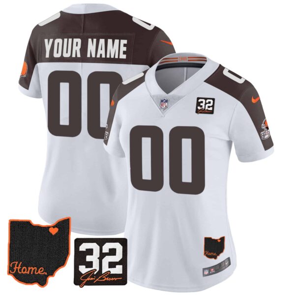Browns #32 Jim Brown Memorial & Home Patch Custom Jersey V3 – All Stitched – Women – Inverted