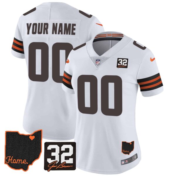 Browns #32 Jim Brown Memorial & Home Patch Custom Jersey V3 – All Stitched – Women – White