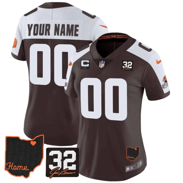 Browns #32 Jim Brown Memorial & Home Patch Custom Jersey V3 – All Stitched – Women – Alternate