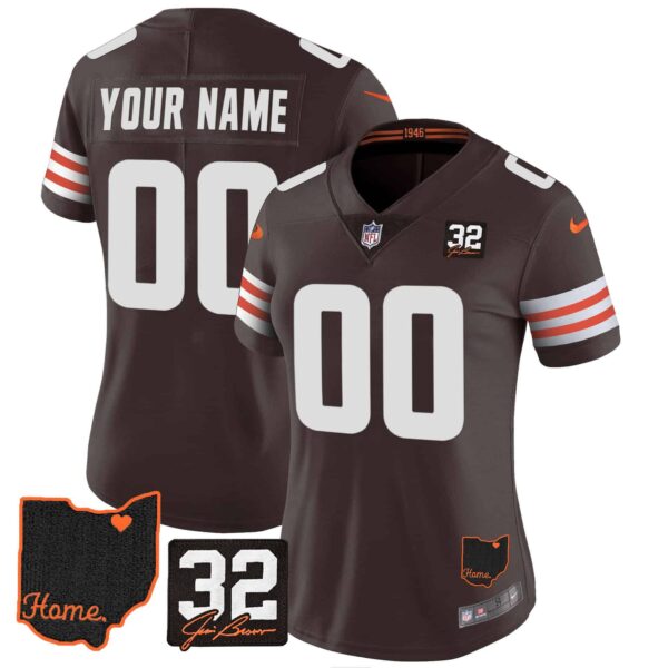 Browns #32 Jim Brown Memorial & Home Patch Custom Jersey V3 – All Stitched – Women – Brown