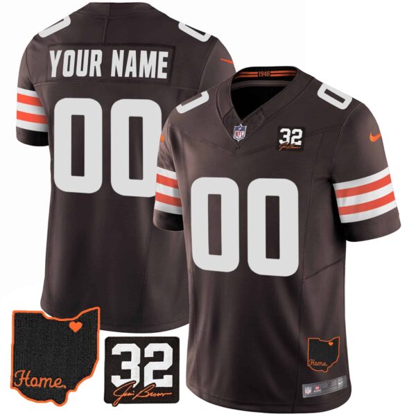 Browns #32 Jim Brown Memorial & Home Patch Custom Jersey V3 – All Stitched – Youth – Brown