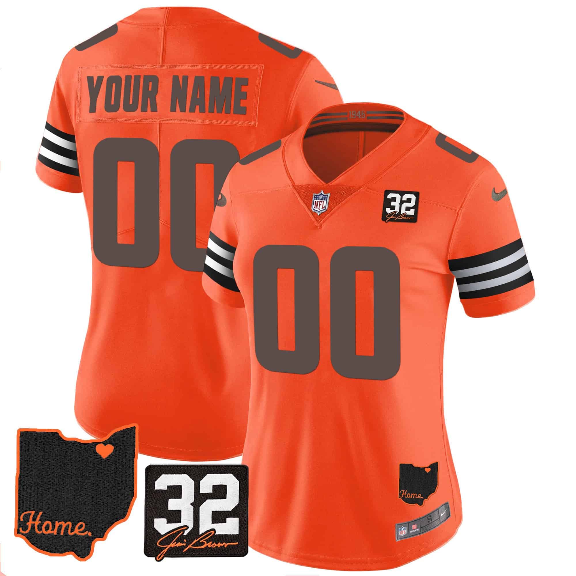 Browns #32 Jim Brown Memorial & Home Patch Custom Jersey V3 – All Stitched – Women – Orange