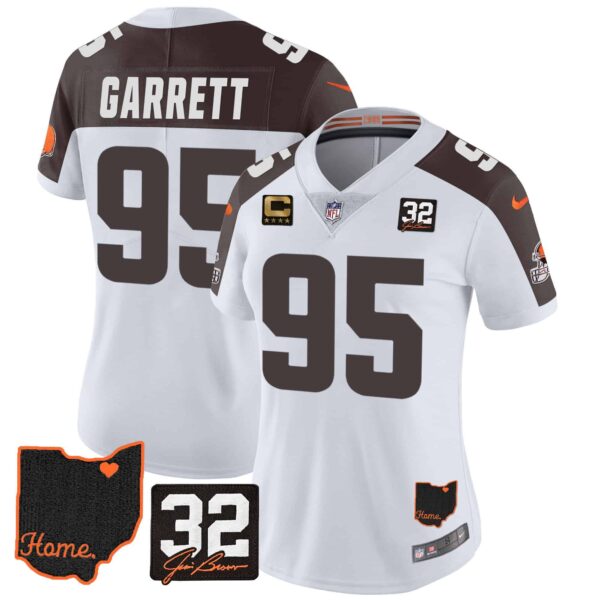 Women’s Browns #32 Jim Brown Memorial & Home Patch Jersey V3 – All Stitched – Inverted – Myles Garrett