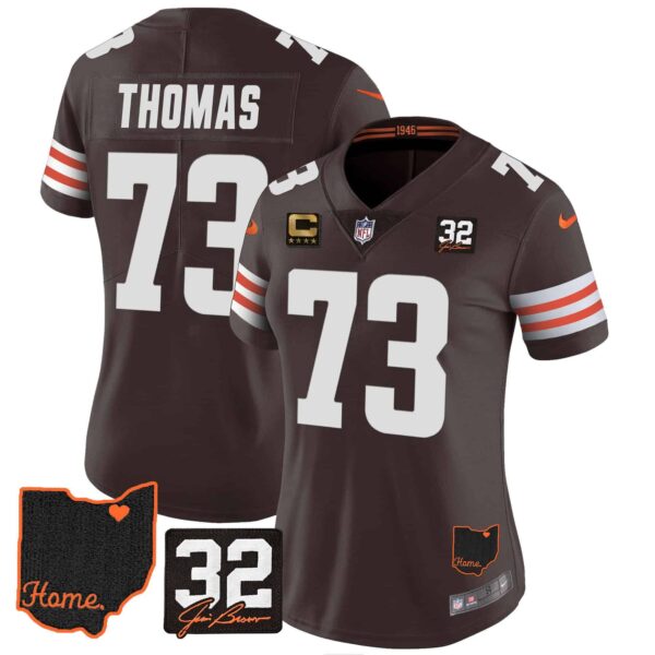 Women’s Browns #32 Jim Brown Memorial & Home Patch Jersey V3 – All Stitched – Brown – Joe Thomas