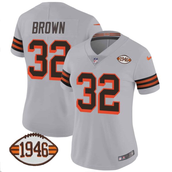 Women’s Browns 1946 75th Anniversary Patch Jersey – All Stitched – Gray – Jim Brown