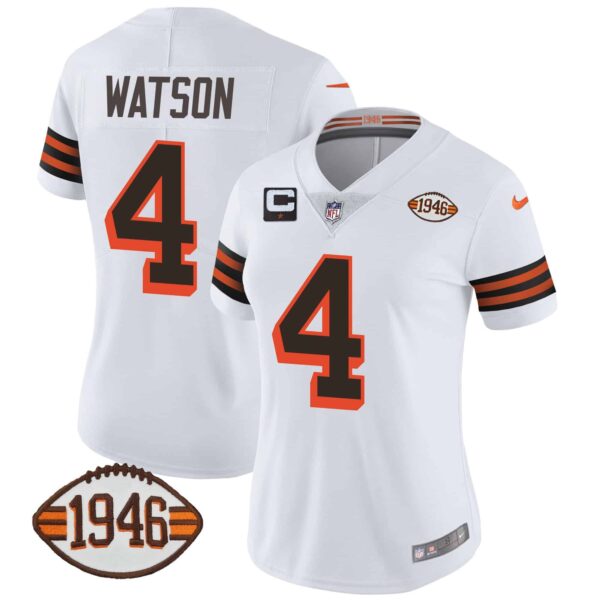 Women’s Browns 1946 75th Anniversary Patch Jersey – All Stitched – 1946 White – Deshaun Watson