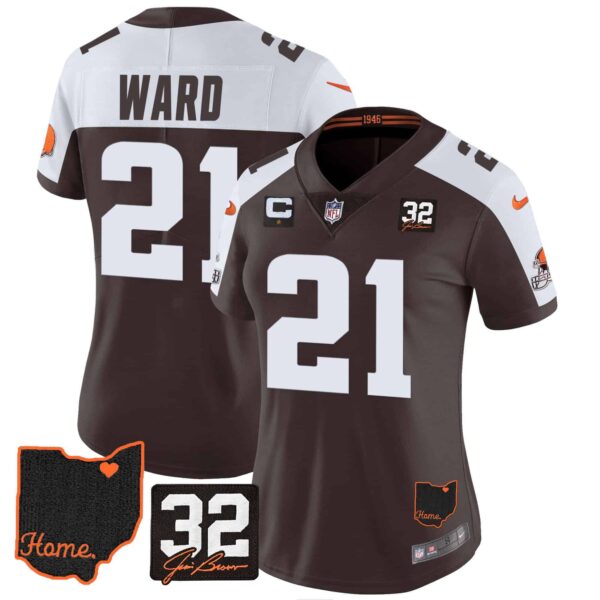 Women’s Browns #32 Jim Brown Memorial & Home Patch Jersey V3 – All Stitched – Alternate – Denzel Ward
