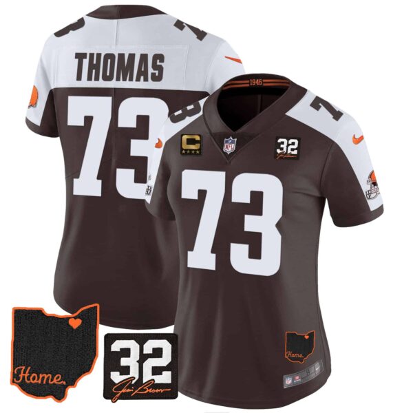 Women’s Browns #32 Jim Brown Memorial & Home Patch Jersey V3 – All Stitched – Alternate – Joe Thomas
