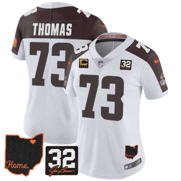 Women’s Browns #32 Jim Brown Memorial & Home Patch Jersey V3 – All Stitched – Inverted – Joe Thomas
