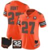 Women’s Browns #32 Jim Brown Memorial & Home Patch Jersey V3 – All Stitched – Orange – Kareem Hunt