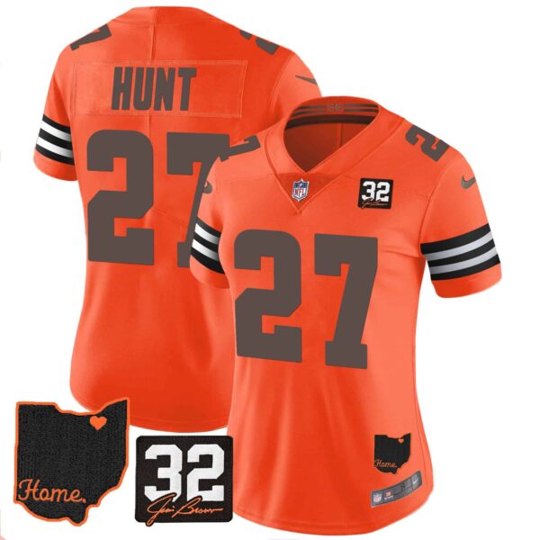 Women’s Browns #32 Jim Brown Memorial & Home Patch Jersey V3 – All Stitched – Orange – Kareem Hunt