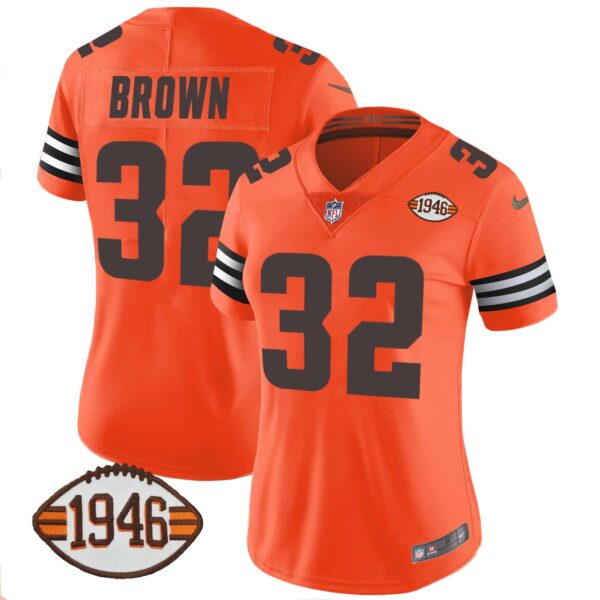 Women’s Browns 1946 75th Anniversary Patch Jersey – All Stitched – Orange – Jim Brown