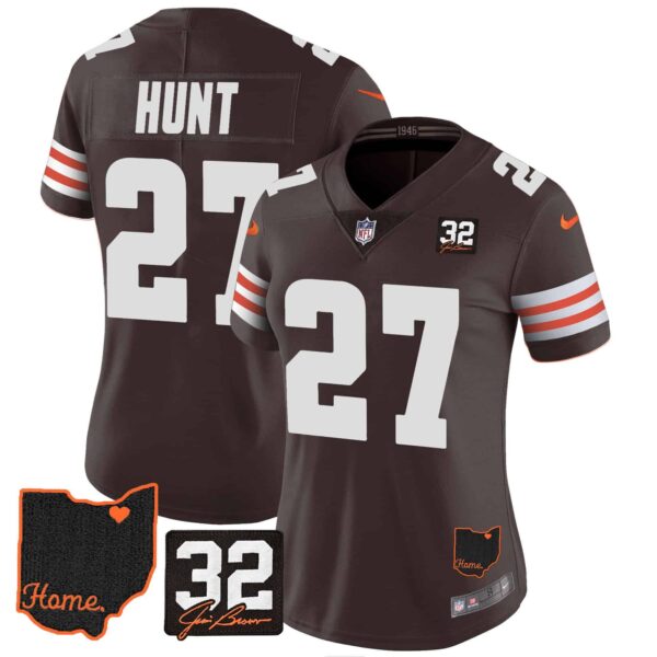 Women’s Browns #32 Jim Brown Memorial & Home Patch Jersey V3 – All Stitched – Brown – Kareem Hunt
