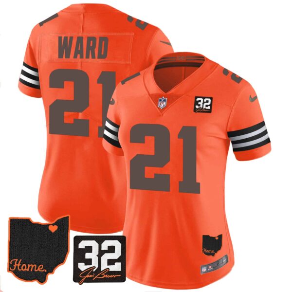 Women’s Browns #32 Jim Brown Memorial & Home Patch Jersey V3 – All Stitched – Orange – Denzel Ward