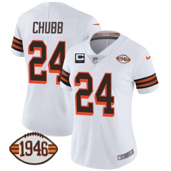 Women’s Browns 1946 75th Anniversary Patch Jersey – All Stitched – 1946 White – Nick Chubb