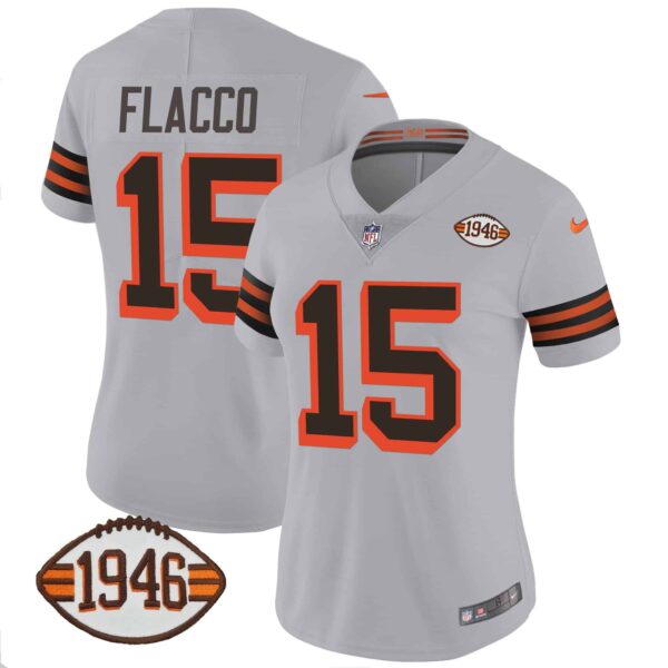 Women’s Browns 1946 75th Anniversary Patch Jersey – All Stitched – Gray – Joe Flacco
