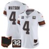 Women’s Browns #32 Jim Brown Memorial & Home Patch Jersey V3 – All Stitched – White – Deshaun Watson