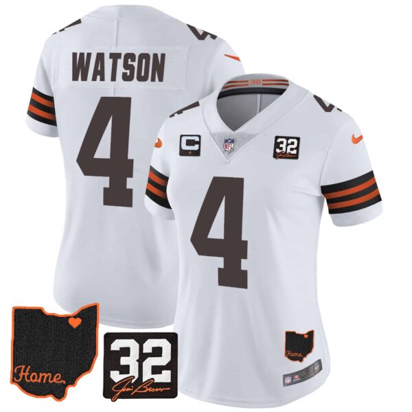 Women’s Browns #32 Jim Brown Memorial & Home Patch Jersey V3 – All Stitched – White – Deshaun Watson