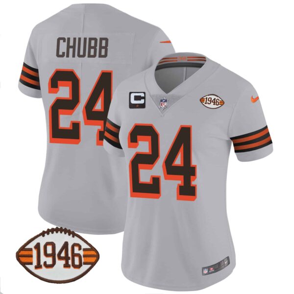 Women’s Browns 1946 75th Anniversary Patch Jersey – All Stitched – Gray – Nick Chubb