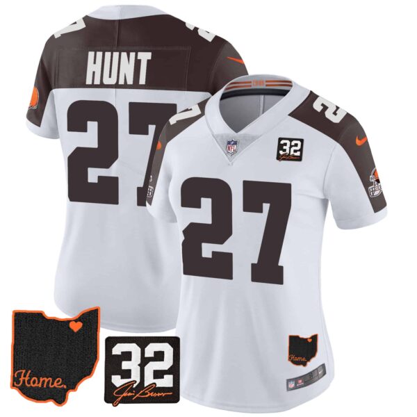 Women’s Browns #32 Jim Brown Memorial & Home Patch Jersey V3 – All Stitched – Inverted – Kareem Hunt