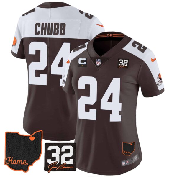 Women’s Browns #32 Jim Brown Memorial & Home Patch Jersey V3 – All Stitched – Alternate – Nick Chubb