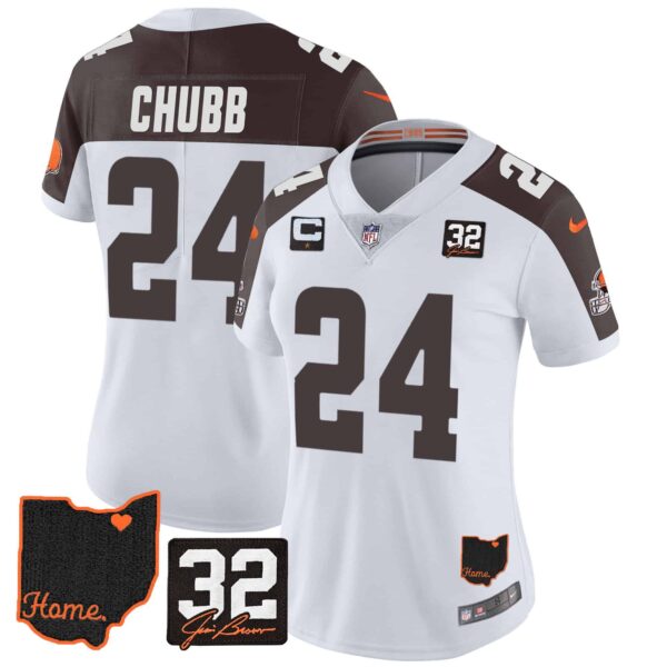 Women’s Browns #32 Jim Brown Memorial & Home Patch Jersey V3 – All Stitched – Inverted – Nick Chubb