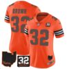 Women’s Browns #32 Jim Brown Memorial & Home Patch Jersey V3 – All Stitched – Orange – Jim Brown