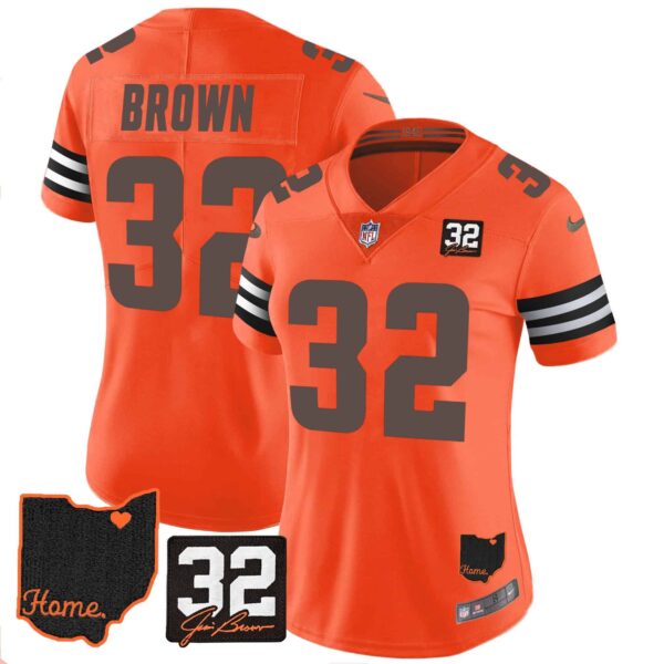 Women’s Browns #32 Jim Brown Memorial & Home Patch Jersey V3 – All Stitched – Orange – Jim Brown