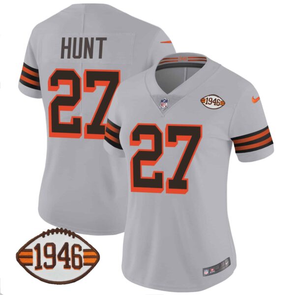 Women’s Browns 1946 75th Anniversary Patch Jersey – All Stitched – Gray – Kareem Hunt