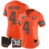 Women’s Browns #32 Jim Brown Memorial & Home Patch Jersey V3 – All Stitched – Orange – Deshaun Watson
