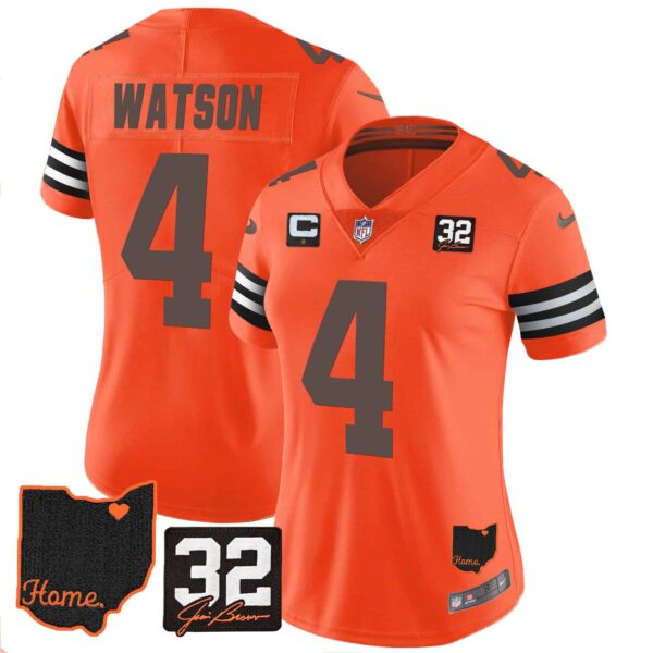 Women’s Browns #32 Jim Brown Memorial & Home Patch Jersey V3 – All Stitched – Orange – Deshaun Watson