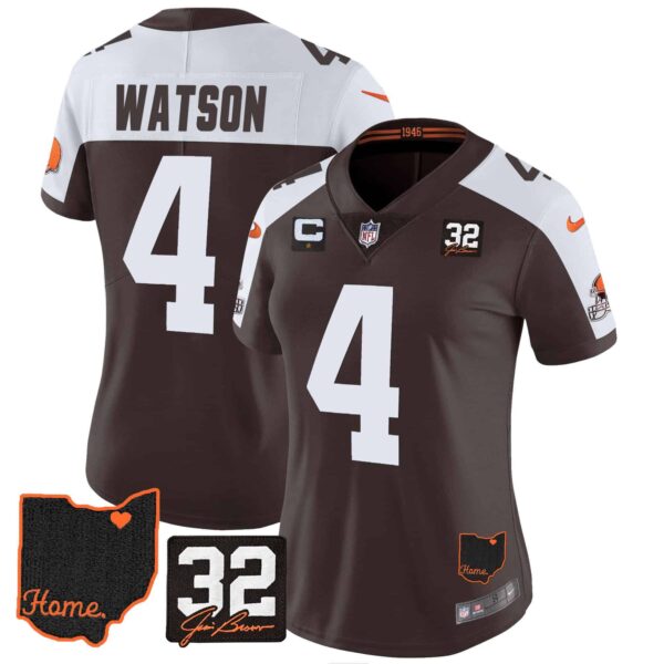 Women’s Browns #32 Jim Brown Memorial & Home Patch Jersey V3 – All Stitched – Alternate – Deshaun Watson