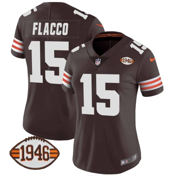 Women’s Browns 1946 75th Anniversary Patch Jersey – All Stitched – Brown – Joe Flacco