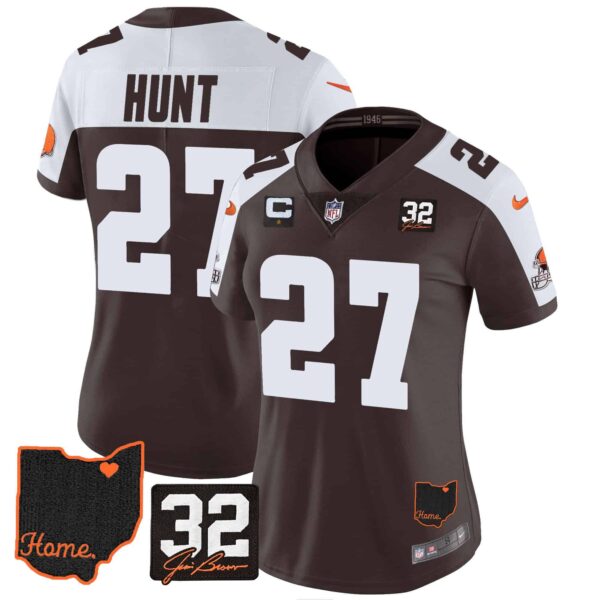 Women’s Browns #32 Jim Brown Memorial & Home Patch Jersey V3 – All Stitched – Alternate – Kareem Hunt