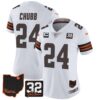 Women’s Browns #32 Jim Brown Memorial & Home Patch Jersey V3 – All Stitched – White – Nick Chubb