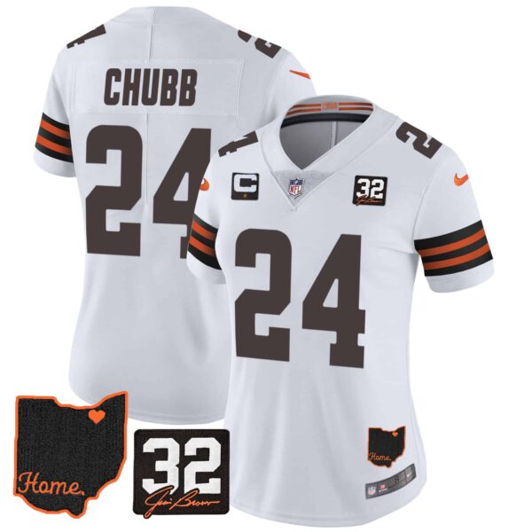 Women’s Browns #32 Jim Brown Memorial & Home Patch Jersey V3 – All Stitched – White – Nick Chubb