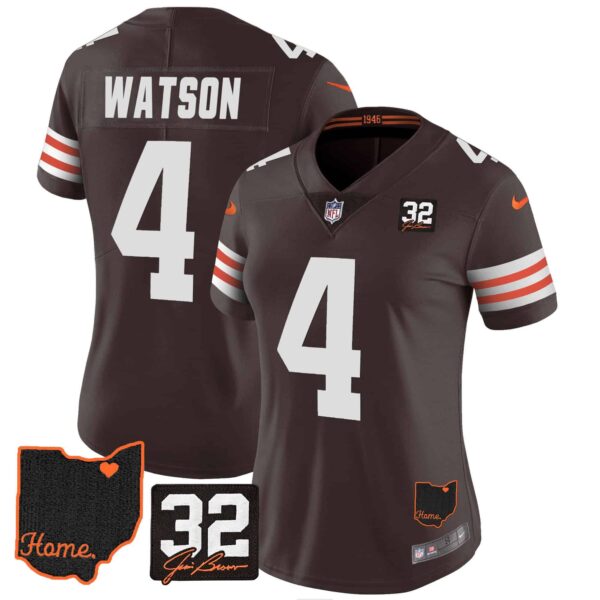 Women’s Browns #32 Jim Brown Memorial & Home Patch Jersey V3 – All Stitched – Brown – Deshaun Watson