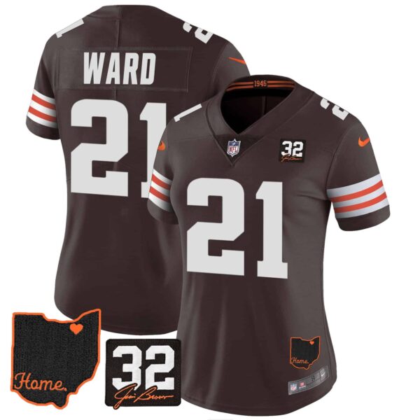 Women’s Browns #32 Jim Brown Memorial & Home Patch Jersey V3 – All Stitched – Brown – Denzel Ward