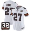 Women’s Browns #32 Jim Brown Memorial & Home Patch Jersey V3 – All Stitched – White – Kareem Hunt