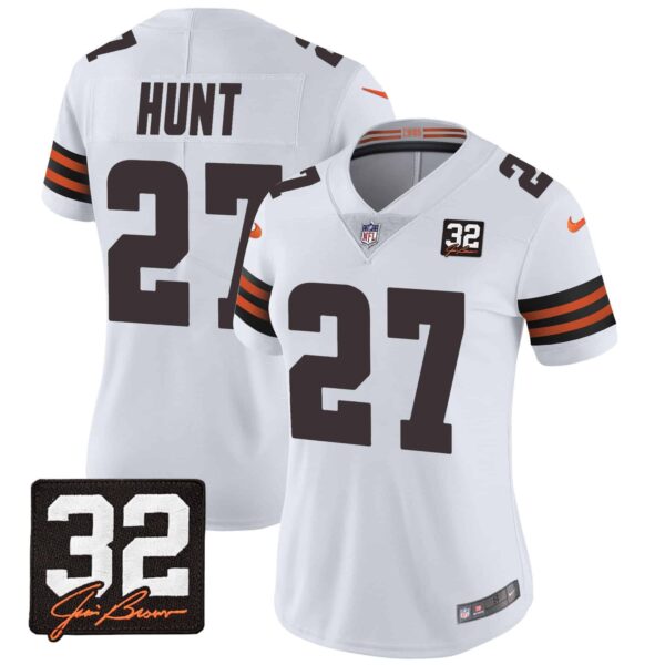 Women’s Browns #32 Jim Brown Memorial & Home Patch Jersey V3 – All Stitched – White – Kareem Hunt