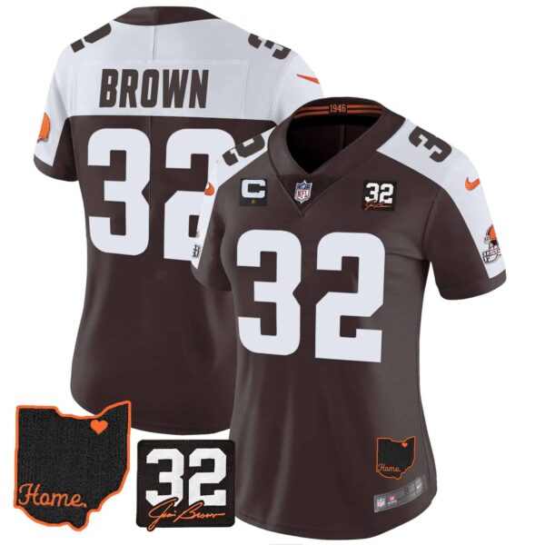Women’s Browns #32 Jim Brown Memorial & Home Patch Jersey V3 – All Stitched – Alternate – Jim Brown