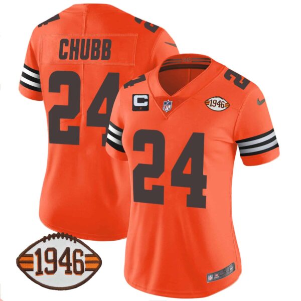 Women’s Browns 1946 75th Anniversary Patch Jersey – All Stitched – Orange – Nick Chubb
