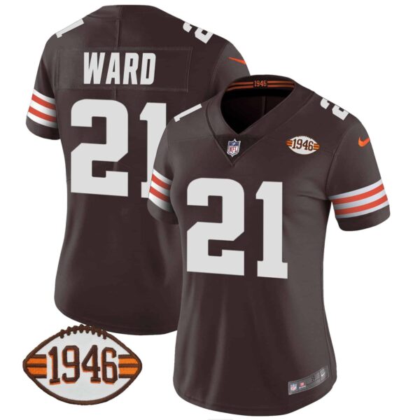 Women’s Browns 1946 75th Anniversary Patch Jersey – All Stitched – Brown – Denzel Ward