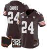 Women’s Browns #32 Jim Brown Memorial & Home Patch Jersey V3 – All Stitched – Brown – Nick Chubb