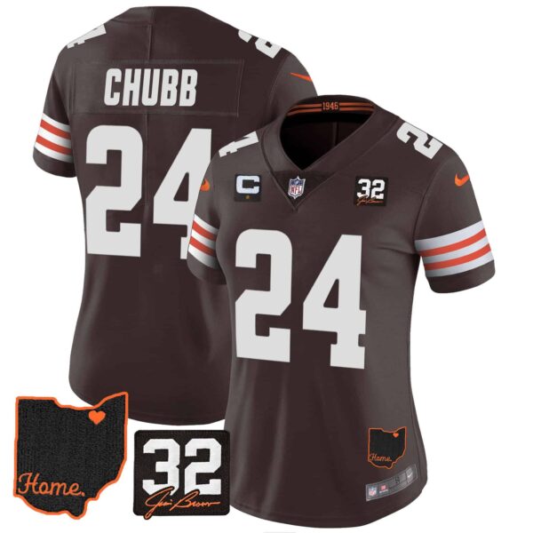 Women’s Browns #32 Jim Brown Memorial & Home Patch Jersey V3 – All Stitched – Brown – Nick Chubb